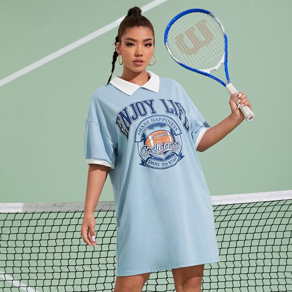 

Plus Ball And Slogan Graphic Contrast Collar Drop Shoulder Dress, Baby blue