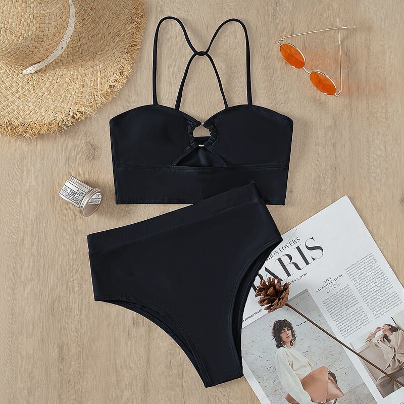 

Solid Ring Linked High Waisted Bikini Swimsuit, Black