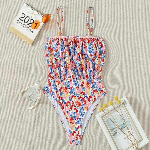 

Allover Floral Ruched One Piece Swimsuit, Multicolor