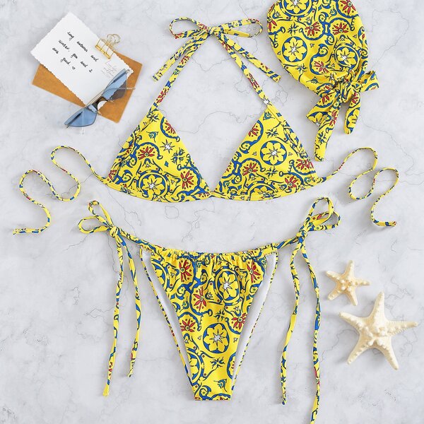 

3pack Allover Print Triangle Thong Bikini Swimsuit, Multicolor