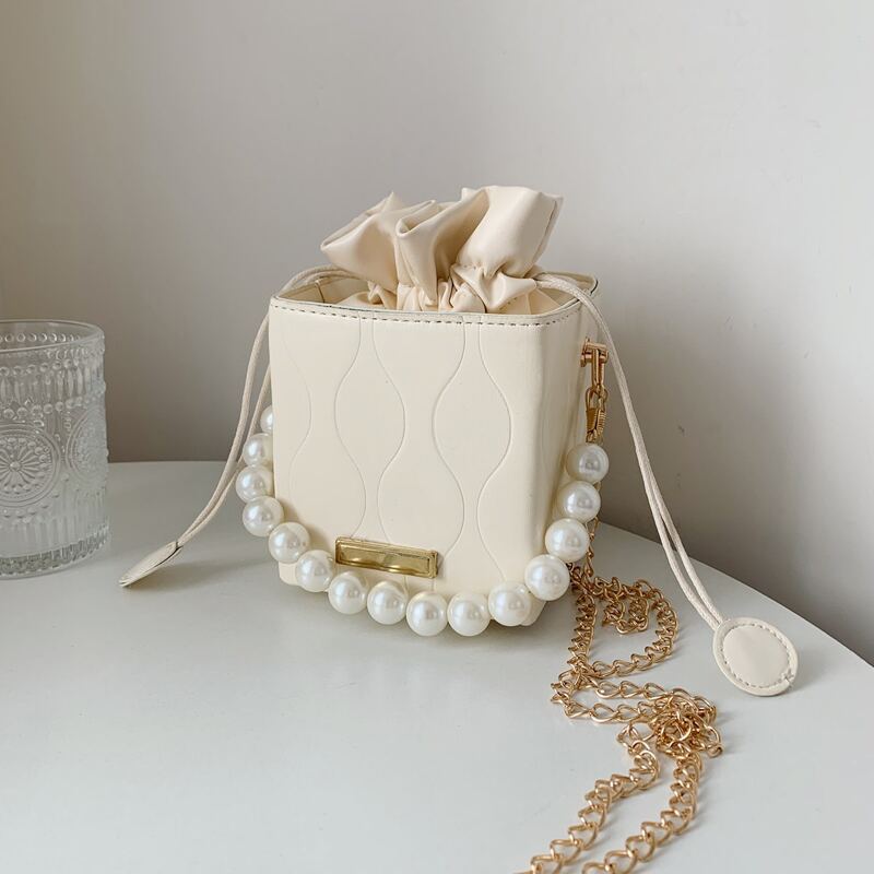 

Faux Pearls Decor Bucket Bag, Beige
