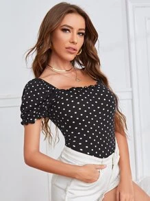 SHEIN Polka Dot Lettuce Trim Bodysuit - Black - View 4