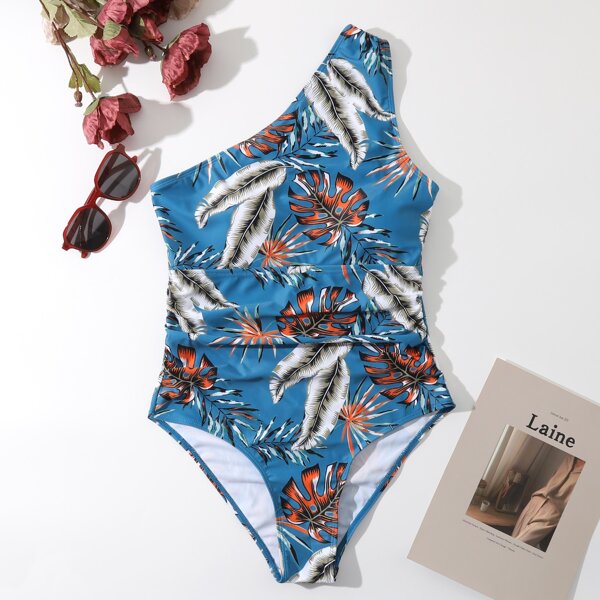 

Tropical One Shoulder One Piece Swimsuit, Multicolor