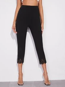 SHEIN Lace Hem Pants - Black - View 1