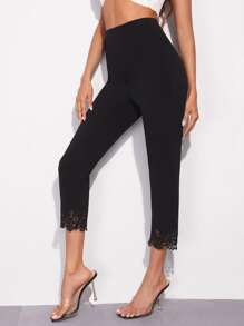 SHEIN Lace Hem Pants - Black - View 3