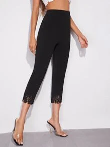 SHEIN Lace Hem Pants - Black - View 4
