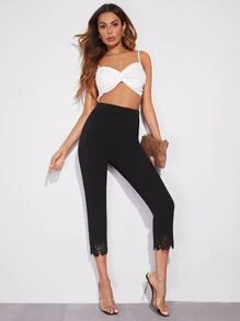 SHEIN Lace Hem Pants - Black - View 5