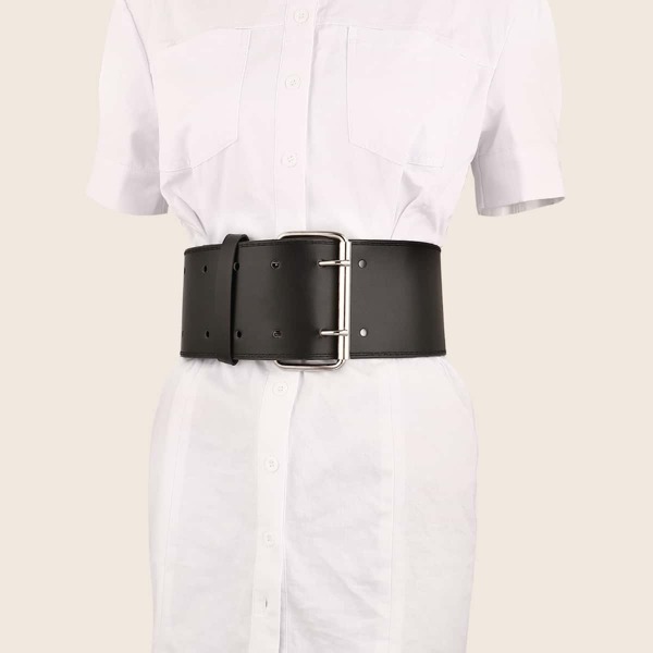 

Metal Buckle Wide Belt With Hole Punch, Black