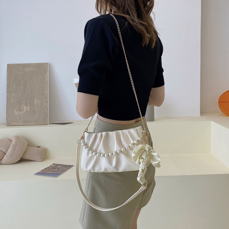 

Faux Pearl Decor Ruched Design Shoulder Bag, White