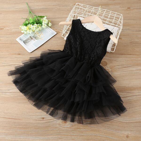 

Toddler Girls Layered Hem Lace Dress, Black