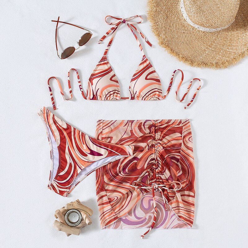 

3pack Allover Print Triangle Bikini Swimsuit & Beach Skirt, Multicolor
