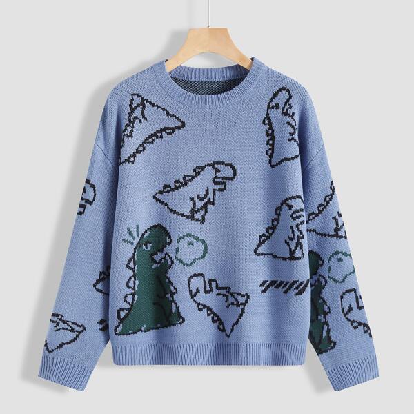 

Dinosaur Pattern Drop Shoulder Sweater, Blue