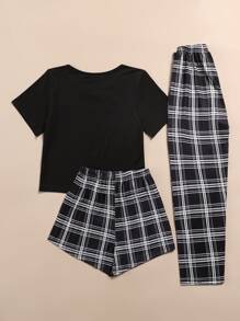 Letter Graphic Tee & Plaid Print Trousers & Shorts PJ Set - Multicolor - View 2