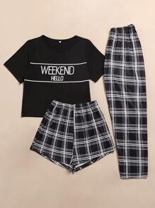 Letter Graphic Tee & Plaid Print Trousers & Shorts PJ Set - Multicolor - View 3