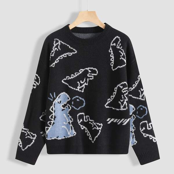 

Dinosaur Pattern Drop Shoulder Sweater, Black