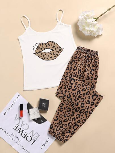 Leopard And Lip Print Cami Top & Pants PJ Set