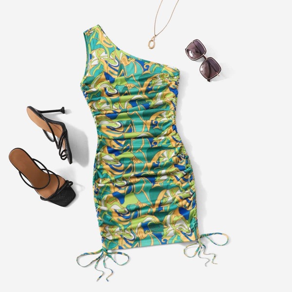 

Allover Print One Shoulder Drawstring Ruched Dress, Multicolor