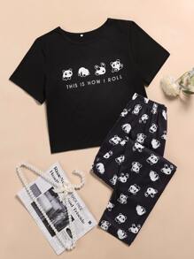 Panda And Slogan Graphic Tee & Trousers PJ Set - Black and White - View 1