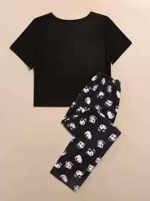 Panda And Slogan Graphic Tee & Trousers PJ Set - Black and White - View 2
