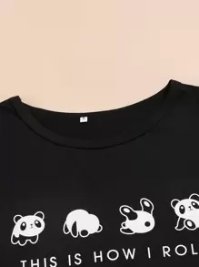 Panda And Slogan Graphic Tee & Trousers PJ Set - Black and White - View 3