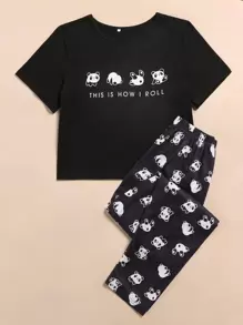 Panda And Slogan Graphic Tee & Trousers PJ Set - Black and White - View 4