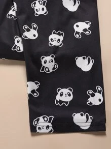 Panda And Slogan Graphic Tee & Trousers PJ Set - Black and White - View 5