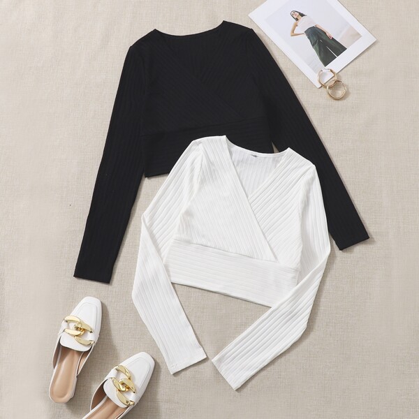 

2pcs Surplice Neck Rib Knit Tee, Black and white