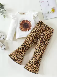 Toddler Girls Leopard Sunflower Print Ruffle Trim Top & Flare Leg Pants - Multicolor - View 1