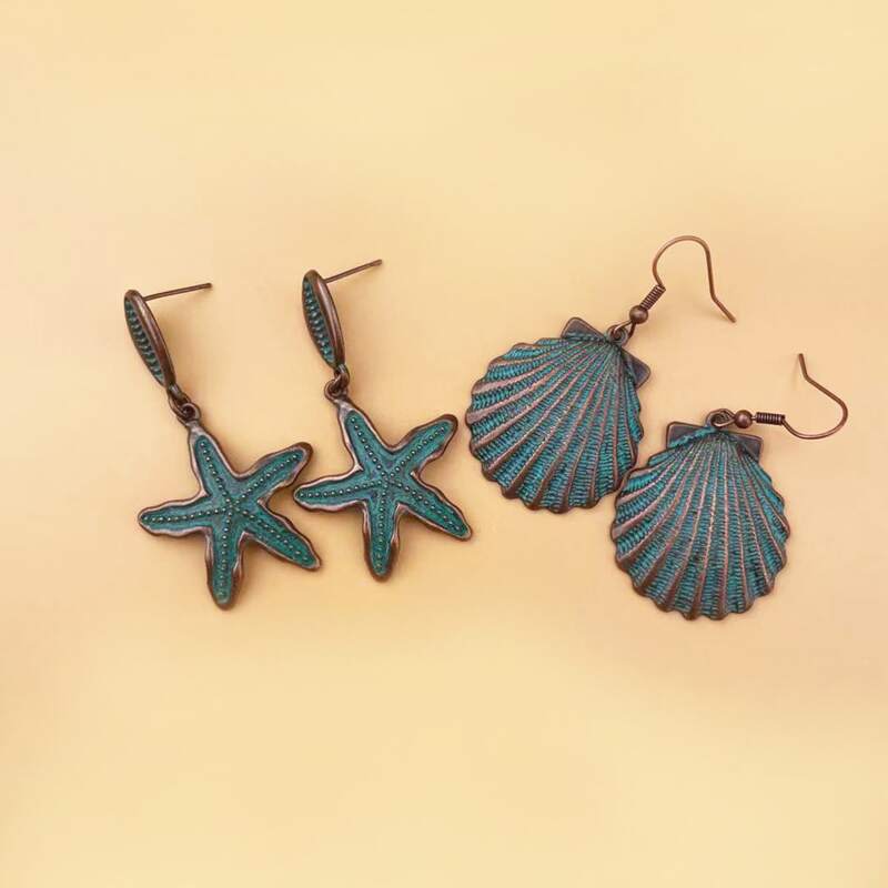 

2pairs Shell Design Earrings, Cadet blue