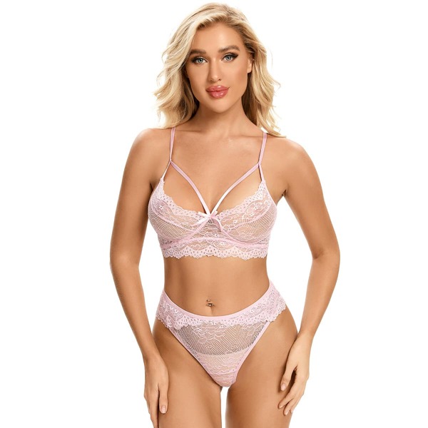 

Floral Lace Bow Decor Lingerie Set, Baby pink