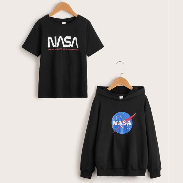 

Boys 1pc Letter Graphic Tee & 1pc Hoodie, Black