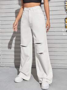 Jeans de pierna ancha con diseño roto con cremallera - Blanco - Ver 3