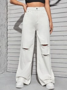 Jeans de pierna ancha con diseño roto con cremallera - Blanco - Ver 4