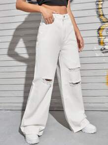 Jeans de pierna ancha con diseño roto con cremallera - Blanco - Ver 5