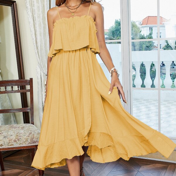 

Solid Flounce Hem Cami Dress, Yellow