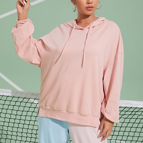 

Plus Drop Shoulder Drawstring Hoodie, Baby pink