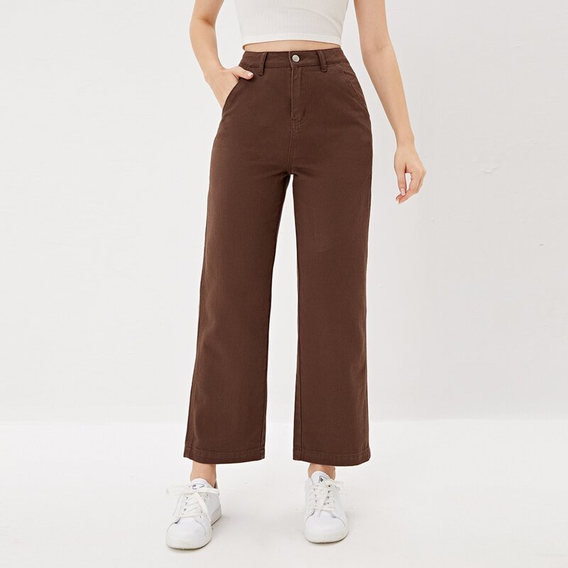 

Solid Straight Leg Jeans, Coffee brown