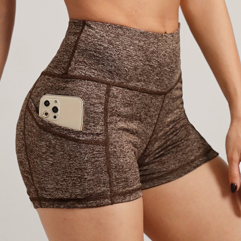 

Wide Band Waist Sports Shorts With Phone Pocket, Coffee brown