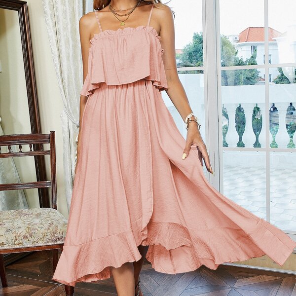 

Solid Flounce Hem Cami Dress, Baby pink