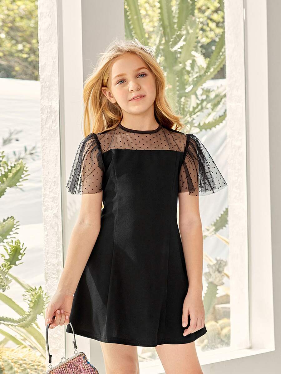 SHEIN Girls Ruffle Armhole Swiss Dot Mesh Yoke Dress - Black - View 1