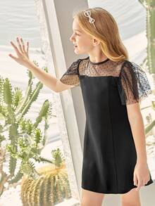 SHEIN Girls Ruffle Armhole Swiss Dot Mesh Yoke Dress - Black - View 5
