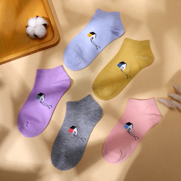 

5pairs House Print Ankle Socks, Multicolor