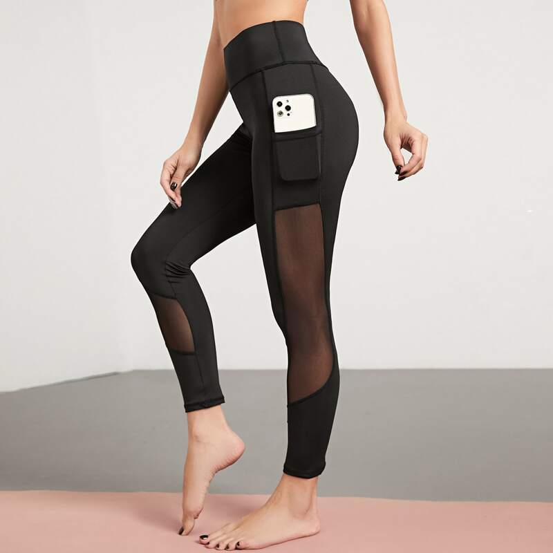 

Contrast Mesh Sports Leggings With Phone Pocket, Black