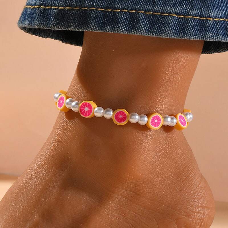 

Fruit Decor Faux Pearl Beaded Anklet, Hot pink