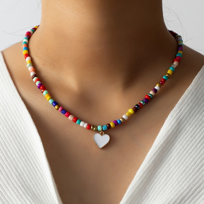 

Heart Pendant Beaded Necklace, Multicolor