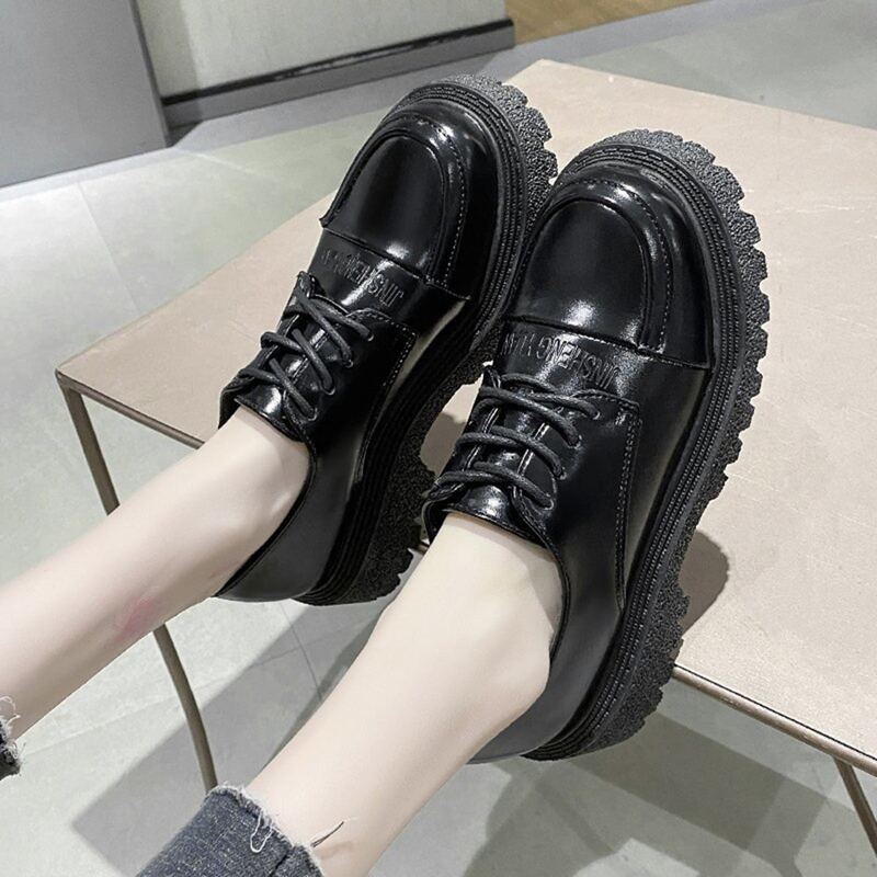 

Letter Embossed Lace-up Front Wedge Oxford Shoes, Black