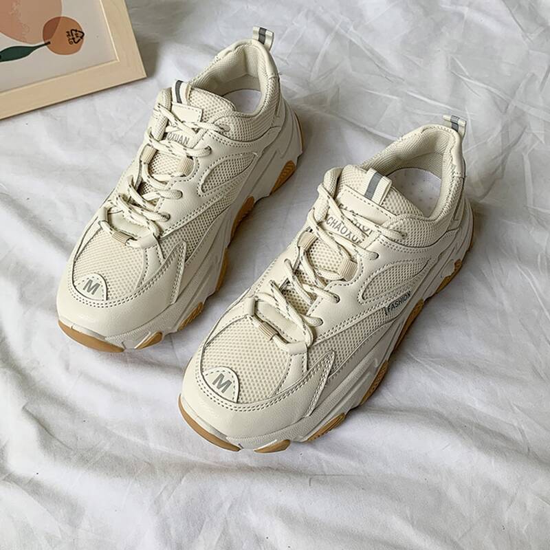 

Minimalist Mesh Panel Lace-up Front Chunky Sneakers, Beige