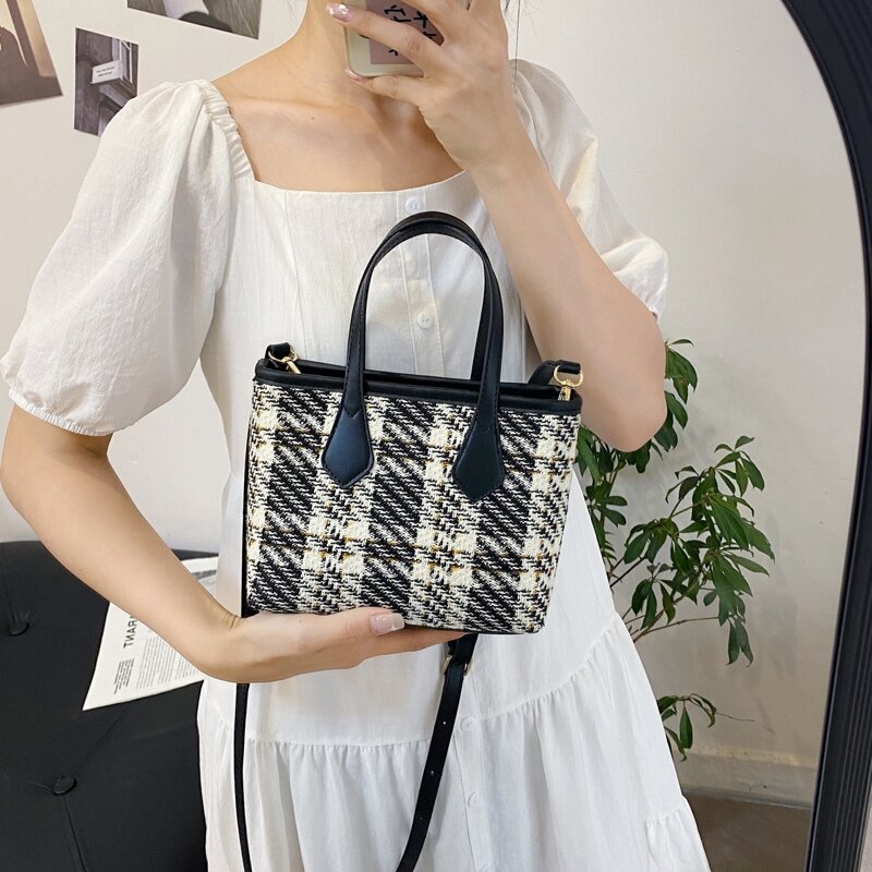 

Tweed Bucket Bag, Black and white