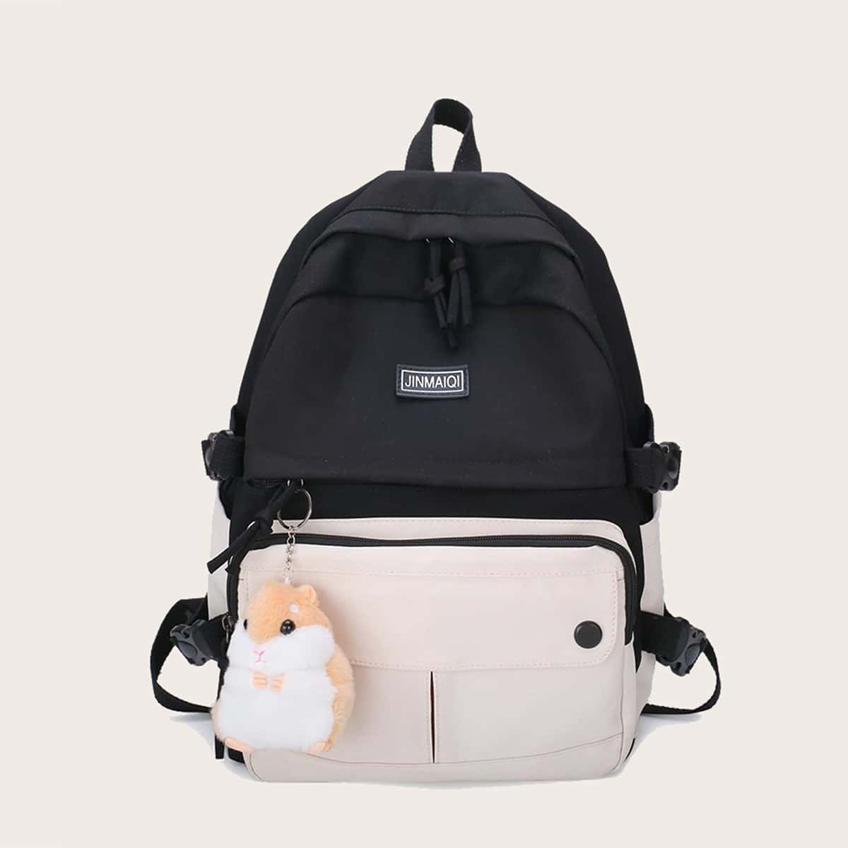 

Colorblock Backpack with Cartoon Charm, Black