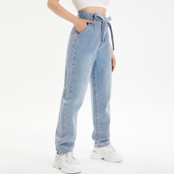 

Belted High Waist Straight Leg Jeans, Light wash